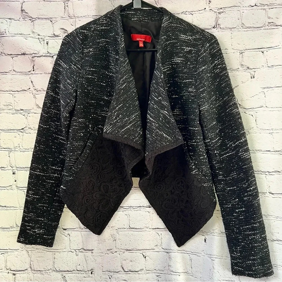 Saks Fifth Avenue‎ Red Label Open Front Black Tweed Wool Blend Blazer Lace Small - Picture 1 of 8